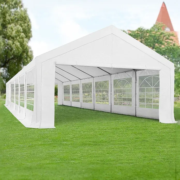 Juskys Partyzelt Gala - B x T: 600 x 1.200 cm, Farbe Dach: Weiß - Weißes Partyzelt für draußen mit Fensterpaneelen und offener Front.