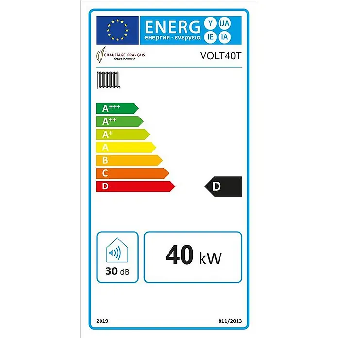 Sannover Boiler - 6 l, Geschlossen/Druckfest, Wandmontage - EU-Energielabel für ein Heizsystem, zeigt Energieklasse D, 40 kW Leistung und 30 dB Geräuschpegel.