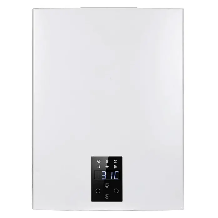 Sannover Boiler - 6 l, Geschlossen/Druckfest, Wandmontage - Weißer wandmontierter Warmwasserbereiter mit Digitalanzeige und Touch-Bedienelementen.