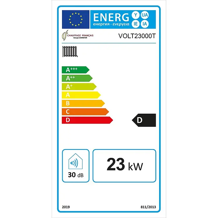 Sannover Boiler - 6 l, Geschlossen/Druckfest, Wandmontage - EU-Energieetikett für Heizgerät, zeigt Energieeffizienzklasse D, 30 dB Geräuschpegel und 23 kW Leistung.