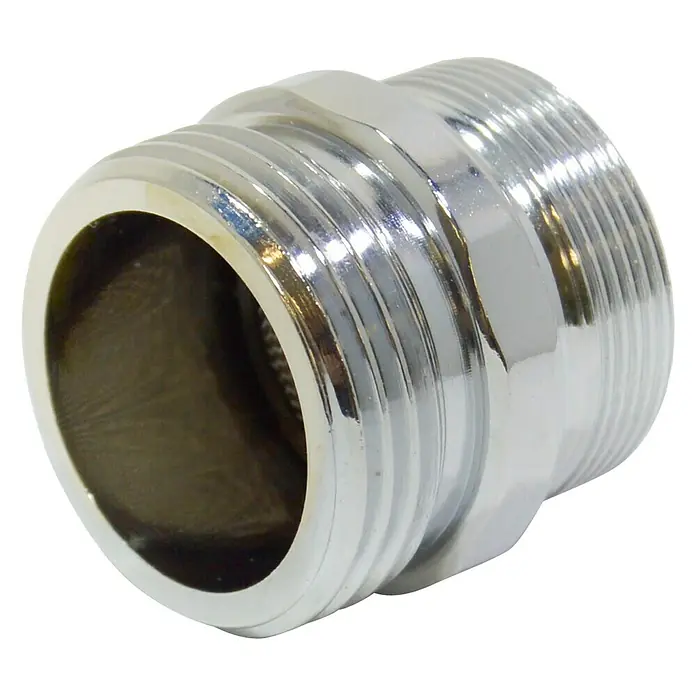Adaptador para grifo macho - Rosca exterior: ¾″, Latón, Macho - Primer plano de un conector de grifo brillante de color plateado con extremos roscados.