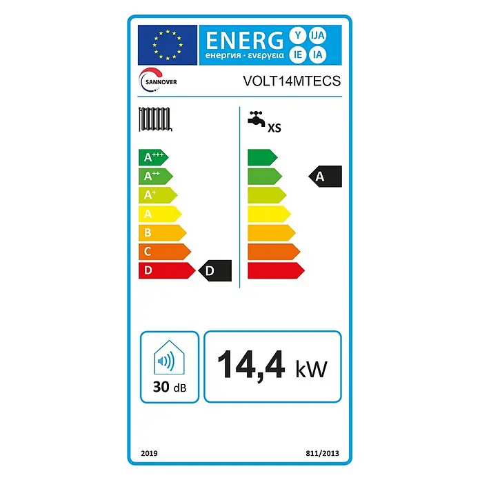 Sannover Boiler Volt Heizung und Warmwasser 14,4 kW - 35 l, Geschlossen/Druckfest, Wandmontage - Sannover VOLT14MTECS Energielabel: A+++ Heizung, A Warmwasser (XS), 14,4 kW, 30 dB.