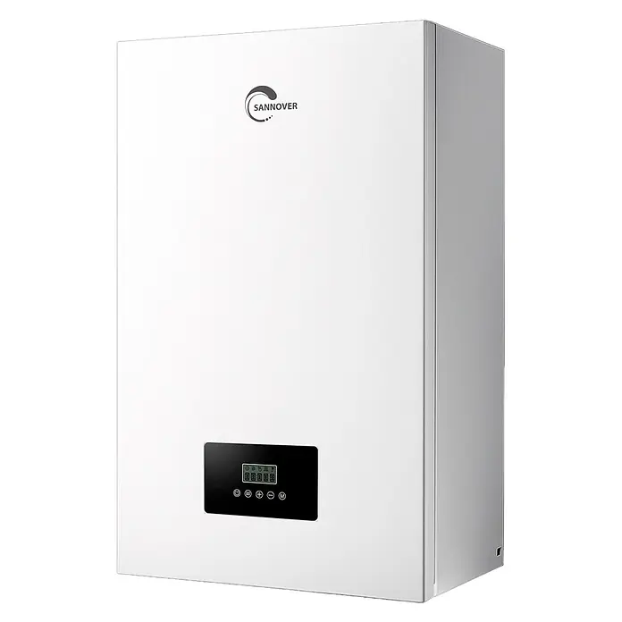 Sannover Boiler Volt Heizung und Warmwasser 14,4 kW - 35 l, Geschlossen/Druckfest, Wandmontage - Weißes wandmontiertes Heizgerät mit schwarzem Digitaldisplay und Bedientasten.