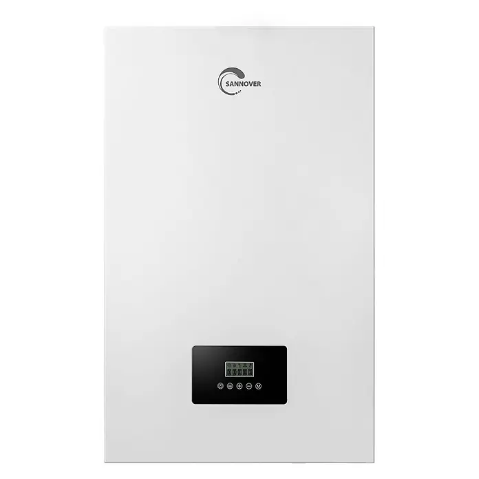 Sannover Boiler Volt Heizung und Warmwasser 14,4 kW - 35 l, Geschlossen/Druckfest, Wandmontage - Weißes Sannover Wandgerät mit schwarzem Digitaldisplay und Bedienfeld.