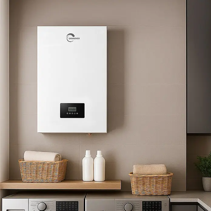 Sannover Boiler Volt Heizung und Warmwasser 14,4 kW - 35 l, Geschlossen/Druckfest, Wandmontage - Weißes, rechteckiges SANNOVER-Gerät mit Digitalanzeige, an einer gefliesten Wand über Waschmaschinen montiert.