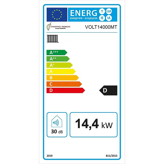 Sannover Boiler Volt 14 kW Einphasig Dreiphasig - 6 l, Geschlossen/Druckfest, Wandmontage - EU-Energielabel für ein Heizgerät, Klasse D, mit 14,4 kW Heizleistung und 30 dB Geräuschpegel.