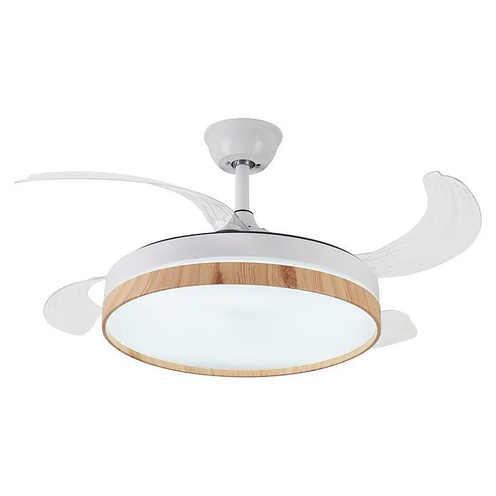 Purline Ventilador de techo Ceily Brise - Blanco/Madera clara, 107 cm, 28 W, Blanco neutro - Ventilador de techo blanco con aspas retráctiles y luz integrada, con un anillo decorativo de madera clara.