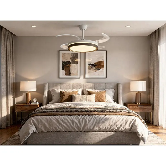 Purline Ventilador de techo Ceily Brise - Blanco/Madera oscura, 107 cm, 28 W, Blanco neutro - Ventilador de techo blanco con anillo de luz marrón oscuro y aspas translúcidas en movimiento, instalado en un dormitorio acogedor sobre una cama.