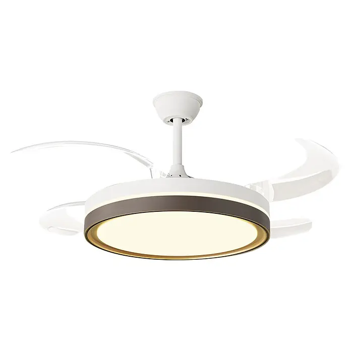 Purline Ventilador de techo Ceily Brise - Blanco/Madera oscura, 107 cm, 28 W, Blanco neutro - Ventilador de techo moderno blanco y marrón con luz LED cálida integrada y aspas transparentes giratorias.