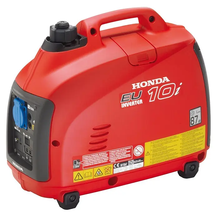 Honda Stromerzeuger EU 10i - Nennleistung: 1,1 kW, Tankvolumen: 2,1 l - Roter Honda EU 10i Inverter-Generator mit Griff und Bedienfeld.