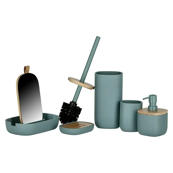 Venus Katta Kosmetikspiegel - 20,5 x 9,5 x 12,5 cm, Blau - Badezimmer-Accessoire-Set in Blaugrün mit Holzakzenten, inklusive Seifenspender und Bürste.