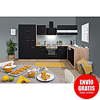 Respekta Cocina esquinera Merle (An x Pr: 310 x 172 cm, Negro, Con electrodomésticos, Volumen horno: 60 l)