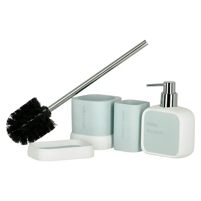 Venus Nara WC-Bürstengarnitur - Polyresin, Blau - Nahaufnahme eines Badezimmer-Sets mit Toilettenbürste, Becher, Seifenspender und Seifenablage in hellen Farben.