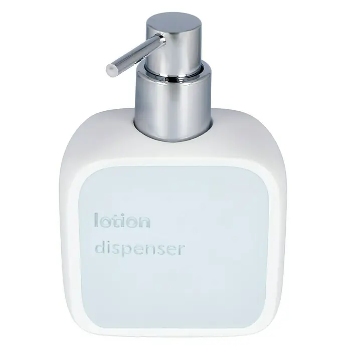 Venus Nara Seifenspender - Polyresin, Blau - Weißer Lotion Spender mit silbernem Pumpkopf. Der Spender ist quadratisch und hat die Aufschrift "Lotion Dispenser".