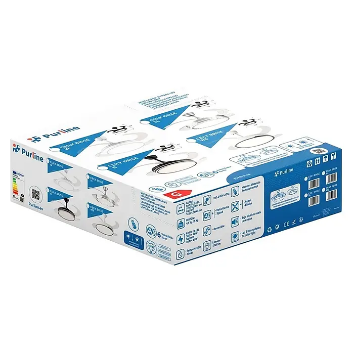 Purline Ventilador de techo Ceily Brise - Blanco, 107 cm, 28 W, Blanco neutro - Caja de producto para ventiladores de techo Purline CEILY BRISE con luz LED, mostrando varios modelos y características clave.