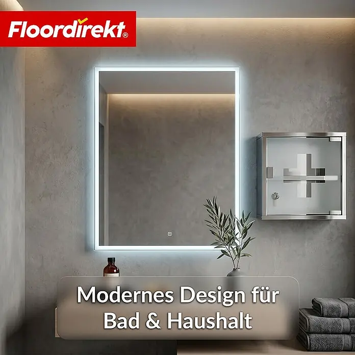 Floordirekt Medizinschrank Allen - Abschließbar mit Glastür - Silber - 30 x 30 cm - 2 Fächer - B x H: 30 x 30 cm, Silber - Quadratischer LED-Badezimmerspiegel mit beleuchtetem Rahmen in einem modernen Badambiente.