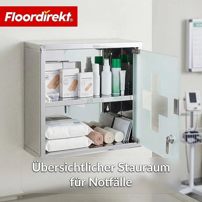 Floordirekt Medizinschrank Allen - Abschließbar mit Glastür - Silber - 30 x 30 cm - 2 Fächer - B x H: 30 x 30 cm, Silber - Wandmontierter Medizinschrank aus Edelstahl mit Milchglastür und Kreuzsymbol, bestückt mit medizinischen Vorräten.