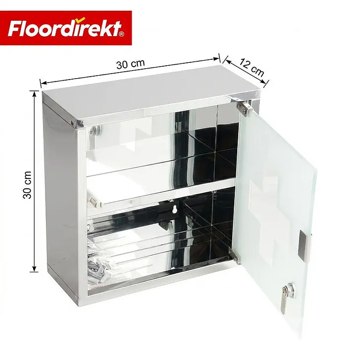 Floordirekt Medizinschrank Allen - Abschließbar mit Glastür - Silber - 30 x 30 cm - 2 Fächer - B x H: 30 x 30 cm, Silber - Medizinschrank aus silbernem Metall (30x30x12 cm) mit Glastür, weißem Kreuz und Schloss.
