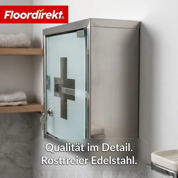 Floordirekt Medizinschrank Allen - Abschließbar mit Glastür - Silber - 30 x 30 cm - 2 Fächer - B x H: 30 x 30 cm, Silber - Edelstahl-Verbandskasten mit Glastür und Kreuzsymbol, an der Wand montiert.