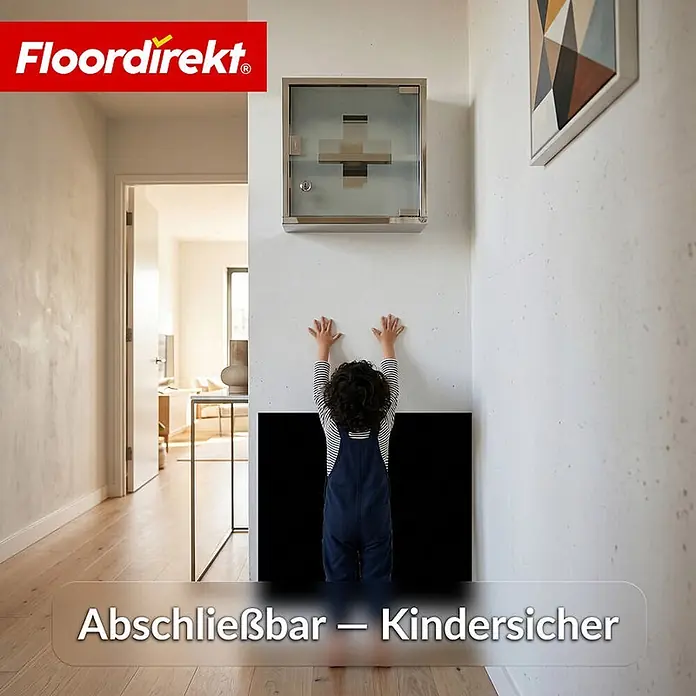 Floordirekt Medizinschrank Allen - Abschließbar mit Glastür - Silber - 30 x 30 cm - 2 Fächer - B x H: 30 x 30 cm, Silber - Ein Kind greift nach einem wandmontierten, abschließbaren, kindersicheren Erste-Hilfe-Schrank aus Metall und Glas.