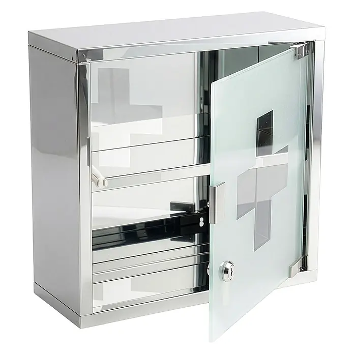 Floordirekt Medizinschrank Allen - Abschließbar mit Glastür - Silber - 30 x 30 cm - 2 Fächer - B x H: 30 x 30 cm, Silber - Medizinschrank aus Edelstahl mit satinierter Glastür, die ein Kreuzmuster und ein Schloss aufweist, die Tür steht leicht offen.