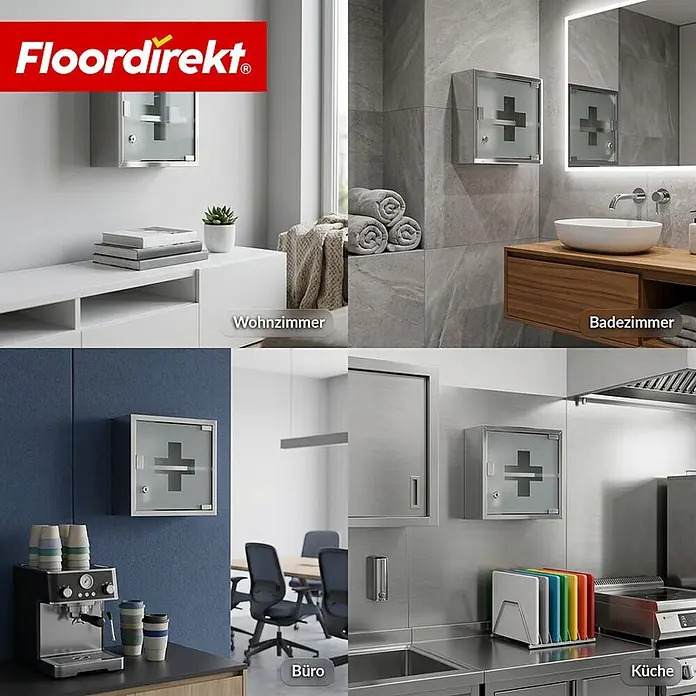 Floordirekt Medizinschrank Allen - Abschließbar mit Glastür - Silber - 30 x 30 cm - 2 Fächer - B x H: 30 x 30 cm, Silber - Wandmontierter Edelstahl-Erste-Hilfe-Schrank mit matter Glaskreuztür, gezeigt in verschiedenen Wohn- und Büroumgebungen.