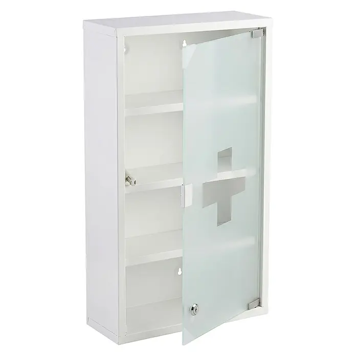 Floordirekt Medizinschrank Allen - Abschließbar mit Glastür - Weiß - 60 x 30 cm - 4 Fächer - B x H: 30 x 60 cm, Weiß - Weißer Metall-Erste-Hilfe-Schrank mit matter Glastür mit Kreuz, Innenregalen und Schloss.