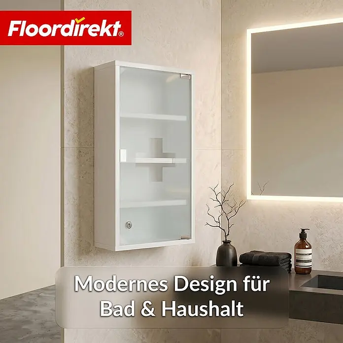 Floordirekt Medizinschrank Allen - Abschließbar mit Glastür - Weiß - 60 x 30 cm - 4 Fächer - B x H: 30 x 60 cm, Weiß - Weißer Wandschrank mit Glastür und internem Kreuz in einem modernen Badezimmer.