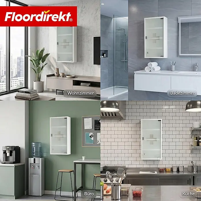 Floordirekt Medizinschrank Allen - Abschließbar mit Glastür - Weiß - 60 x 30 cm - 4 Fächer - B x H: 30 x 60 cm, Weiß - Weißer Wandschrank mit matter Glastür und Kreuz, gezeigt in Wohnzimmer, Bad, Büro und Küche.