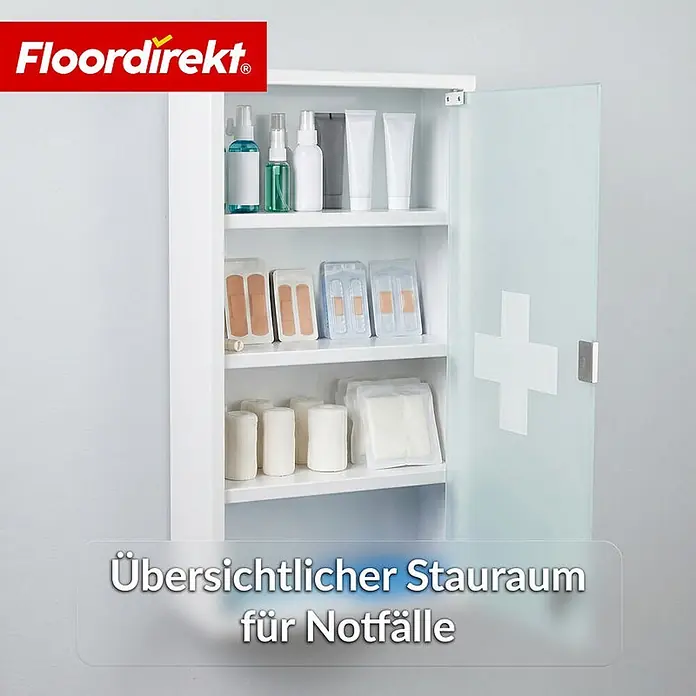 Floordirekt Medizinschrank Allen - Abschließbar mit Glastür - Weiß - 60 x 30 cm - 4 Fächer - B x H: 30 x 60 cm, Weiß - Weißer Wand-Medizinschrank mit einer transparenten Glastür, die ein weißes Kreuz zeigt, gefüllt mit medizinischen Notfallartikeln.