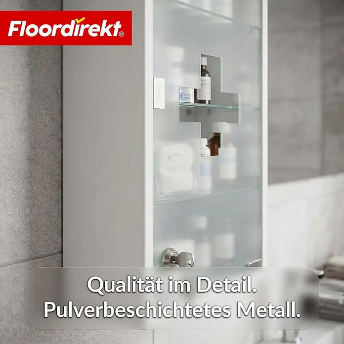 Floordirekt Medizinschrank Allen - Abschließbar mit Glastür - Weiß - 60 x 30 cm - 4 Fächer - B x H: 30 x 60 cm, Weiß - Weißer Medizinschrank aus pulverbeschichtetem Metall mit Milchglastür, Kreuzmotiv und Schloss, enthält Medizingüter im Bad.