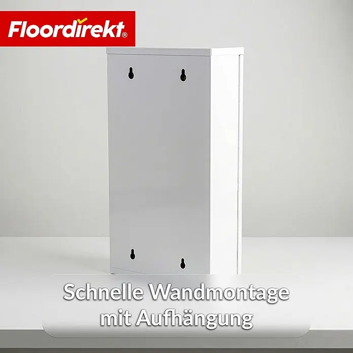 Floordirekt Medizinschrank Allen - Abschließbar mit Glastür - Weiß - 60 x 30 cm - 4 Fächer - B x H: 30 x 60 cm, Weiß - Weißer, rechteckiger Schrank/Spender mit vier Schlüsselloch-Ausschnitten auf der Rückseite zur schnellen Wandmontage.
