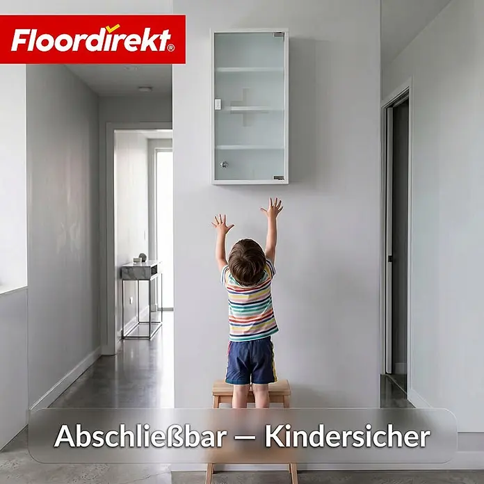 Floordirekt Medizinschrank Allen - Abschließbar mit Glastür - Weiß - 60 x 30 cm - 4 Fächer - B x H: 30 x 60 cm, Weiß - Weißer Wandschrank mit Glastüren, hoch montiert für Kindersicherheit.