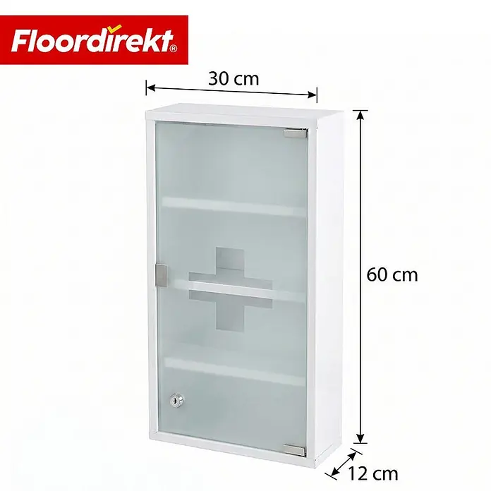 Floordirekt Medizinschrank Allen - Abschließbar mit Glastür - Weiß - 60 x 30 cm - 4 Fächer - B x H: 30 x 60 cm, Weiß - Weißer Medikamentenschrank mit Milchglastür und Kreuzmotiv, abschließbar. Maße: 30x60x12 cm.
