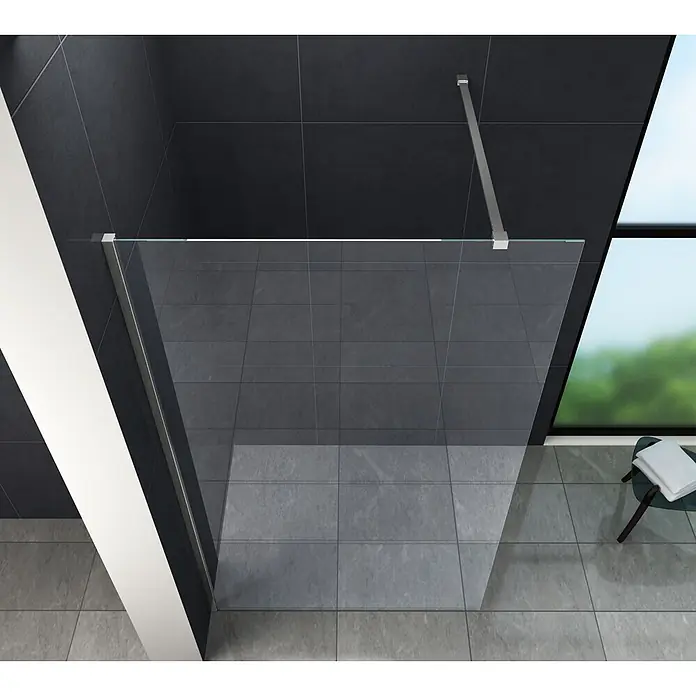 Glasdeals Duschwand Walk-In Duschwand 10 mm Glas AQUOS 60 x 200 cm - B x H: 60 x 200 cm, Beschichtet, Chrom - Duschabtrennung aus Klarglas mit silberner Haltestange in einem modernen gefliesten Badezimmer.