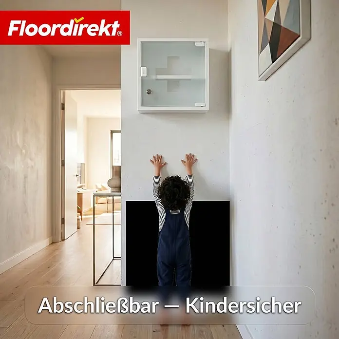 Floordirekt Medizinschrank Allen - Abschließbar mit Glastür - Weiß - 30 x 30 cm - 2 Fächer - B x H: 30 x 30 cm, Weiß - Weißer, abschließbarer Medizinschrank an der Wand, sicher außer Reichweite eines Kindes in einem modernen Flur.