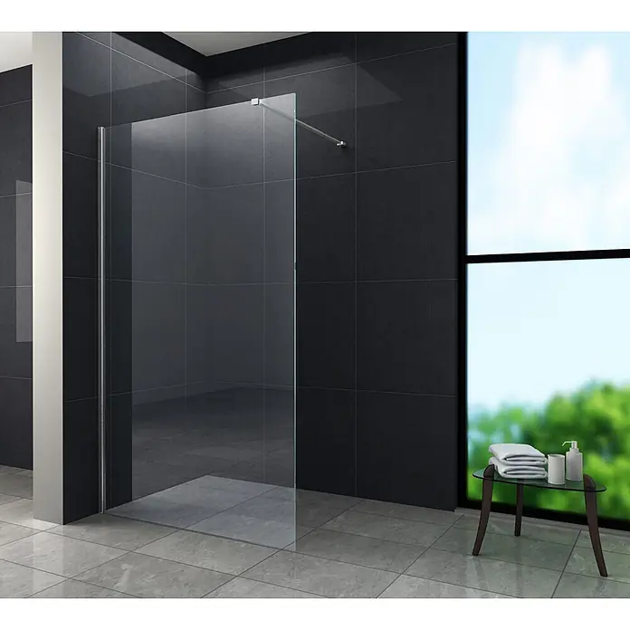 Glasdeals Duschwand Walk-In Duschwand 10 mm Glas AQUOS 60 x 200 cm - B x H: 60 x 200 cm, Beschichtet, Chrom - Glasduschwand mit Chromstützstange in einem modernen dunkel gefliesten Badezimmer.