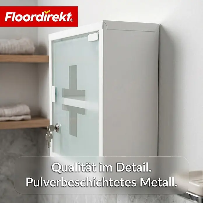 Floordirekt Medizinschrank Allen - Abschließbar mit Glastür - Weiß - 30 x 30 cm - 2 Fächer - B x H: 30 x 30 cm, Weiß - Weißer, wandmontierter Erste-Hilfe-Schrank aus pulverbeschichtetem Metall mit matter Glastür und Kreuzmotiv sowie Schlüsseln. Im Badezimmer gezeigt.