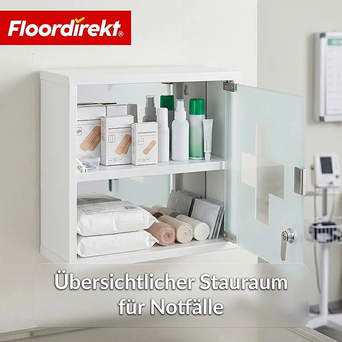 Floordirekt Medizinschrank Allen - Abschließbar mit Glastür - Weiß - 30 x 30 cm - 2 Fächer - B x H: 30 x 30 cm, Weiß - Weißer Erste-Hilfe-Schrank zur Wandmontage mit Milchglastür und medizinischen Hilfsmitteln für Notfälle.