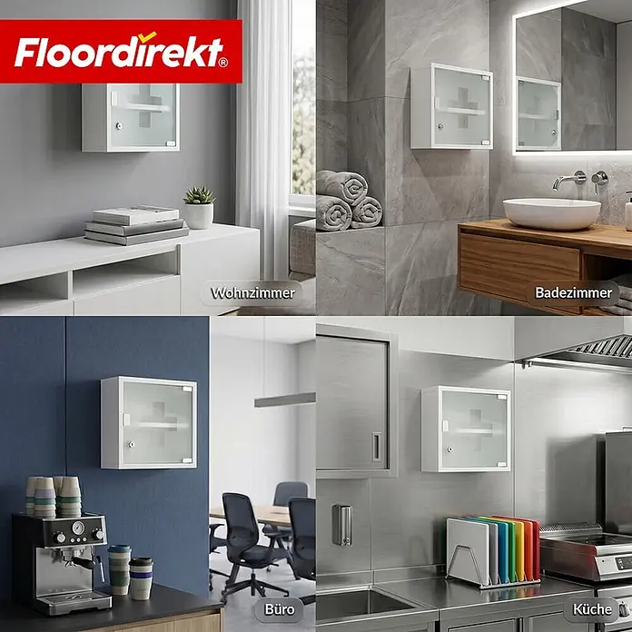 Floordirekt Medizinschrank Allen - Abschließbar mit Glastür - Weiß - 30 x 30 cm - 2 Fächer - B x H: 30 x 30 cm, Weiß - Weißer Medikamentenschrank aus Metall mit Milchglas und Kreuzdesign, montiert in Wohnzimmer, Bad, Büro und Küche dargestellt.