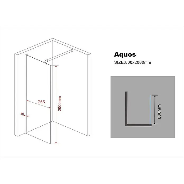 Glasdeals Duschwand Walk-In Duschwand 10 mm Glas AQUOS 80 x 200 cm - B x H: 80 x 200 cm, Beschichtet, Chrom - Aquos L-förmige Walk-in Duschkabine mit Klarglas und Metallrahmen, 800x2000mm.