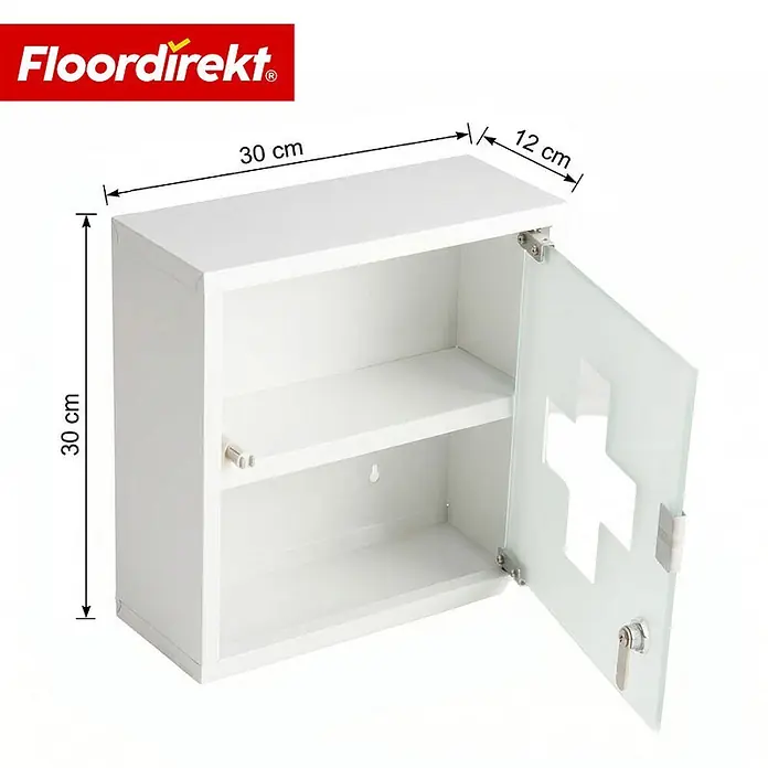 Floordirekt Medizinschrank Allen - Abschließbar mit Glastür - Weiß - 30 x 30 cm - 2 Fächer - B x H: 30 x 30 cm, Weiß - Weißer Erste-Hilfe-Schrank mit Glastür, Kreuzmotiv und Schloss, Maße 30x30x12 cm.