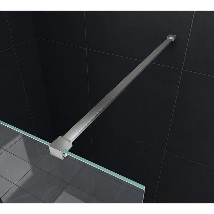 Glasdeals Duschwand Walk-In Duschwand 10 mm Glas AQUOS 60 x 200 cm - B x H: 60 x 200 cm, Beschichtet, Chrom - Dusch-Stabilisierungsstange aus gebürstetem Metall, verbindet Glaswand mit schwarzer Fliesenwand.