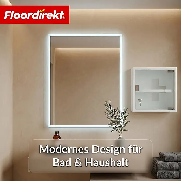 Floordirekt Medizinschrank Allen - Abschließbar mit Glastür - Weiß - 30 x 30 cm - 2 Fächer - B x H: 30 x 30 cm, Weiß - Moderner quadratischer LED-Spiegel in einem stilvollen Bad über einem Waschtisch, ideal für zeitgemäßes Wohndesign.