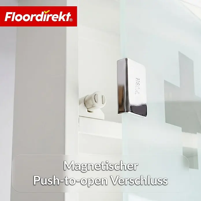 Floordirekt Medizinschrank Allen - Abschließbar mit Glastür - Weiß - 30 x 30 cm - 2 Fächer - B x H: 30 x 30 cm, Weiß - Magnetischer Push-to-open Verschluss mit weißem Magnet und metallischer "PUSH"-Platte an einer Tür.