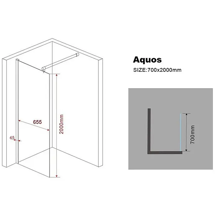 Glasdeals Duschwand Walk-In Duschwand 10 mm Glas AQUOS 70 x 200 cm - B x H: 70 x 200 cm, Beschichtet, Chrom - Klarglas-Walk-in-Duschabtrennung, 700x2000mm, mit Stabilisierungsstange.