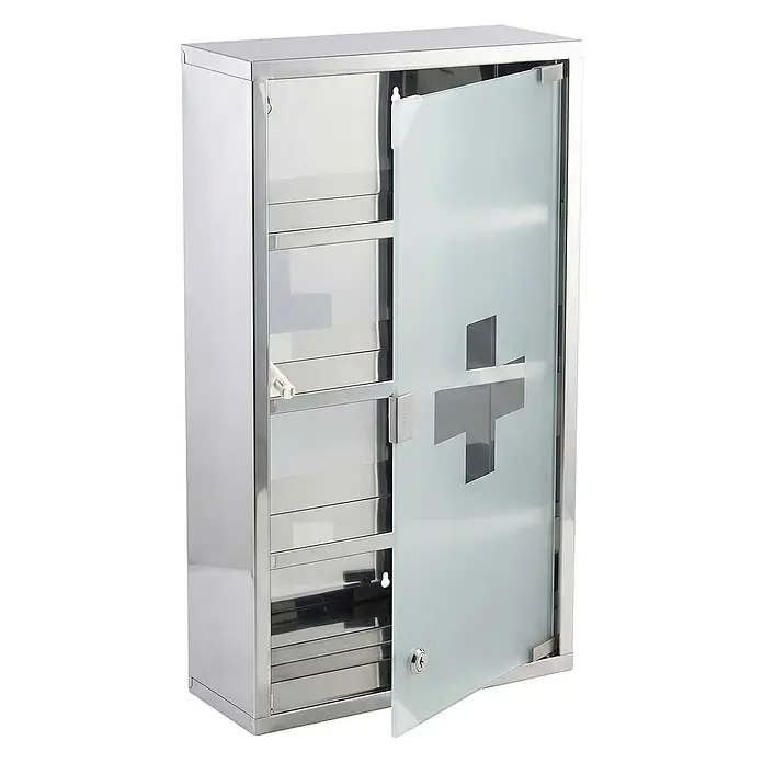 Floordirekt Medizinschrank Allen - Abschließbar mit Glastür - Silber - 60 x 30 cm - 4 Fächer - B x H: 30 x 60 cm, Silber - Edelstahl-Medizinschrank mit mattierter Glastür mit Kreuz und Innenablagen.