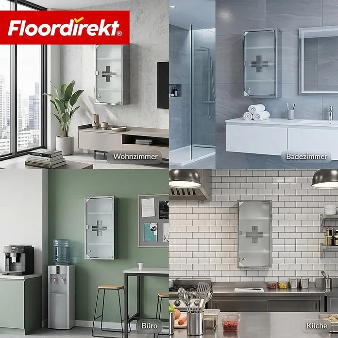 Floordirekt Medizinschrank Allen - Abschließbar mit Glastür - Silber - 60 x 30 cm - 4 Fächer - B x H: 30 x 60 cm, Silber - Spiegelschrank mit Silberrahmen und mattiertem Kreuz auf der Tür, gezeigt in Bad, Wohnzimmer, Büro und Küche.