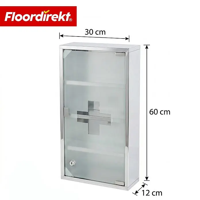 Floordirekt Medizinschrank Allen - Abschließbar mit Glastür - Silber - 60 x 30 cm - 4 Fächer - B x H: 30 x 60 cm, Silber - Edelstahl-Medizinschrank mit mattierter Glastür, Schloss und silbernem Kreuzdesign. Maße: 30x60x12 cm.