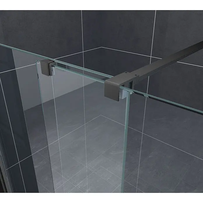 Glasdeals Duschwand Schiebetür-Duschwand 8 mm Glas TRAVERSO schwarz 120 x 200 cm - B x H: 120 x 200 cm, Beschichtet, Schwarz - Glass-Duschwand mit schwarzer matter Stützstange und Klemmen, in einer dunkelgrau gefliesten Duschkabine.